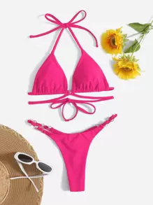 SHEIN Swim Summer Beach Solid Halter Triangle Bikini Set - Hot Pink - View 3