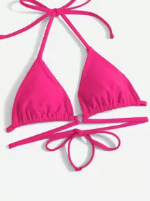 SHEIN Swim Summer Beach Solid Halter Triangle Bikini Set - Hot Pink - View 4