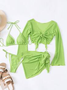 Swim SXY Summer Beach Plain Halter Triangle Bikini Set With Cover Up Set - Lime Green - View 4