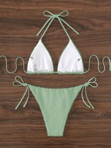Tie Side Halter Triangle Bikini Set - Mint Green - View 2
