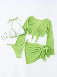 Swim SXY Summer Beach Plain Halter Triangle Bikini Set With Cover Up Set - Lime Green - View 5