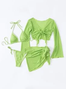 Swim SXY Summer Beach Plain Halter Triangle Bikini Set With Cover Up Set - Lime Green - View 6