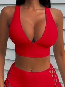 Lace Up Backless Bikini Top For Summer Beach Vacation - Red - View 1