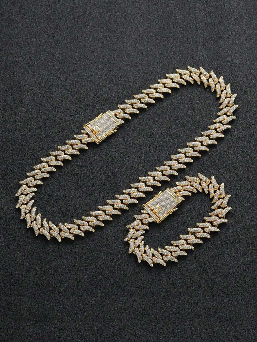 2pcs/set Hip Hop Gold Color Iced Out Bracelet Chain Cubic Zirconia Jewelry Set For Women Men For Daily Decoration - Yellow Gold - View 1