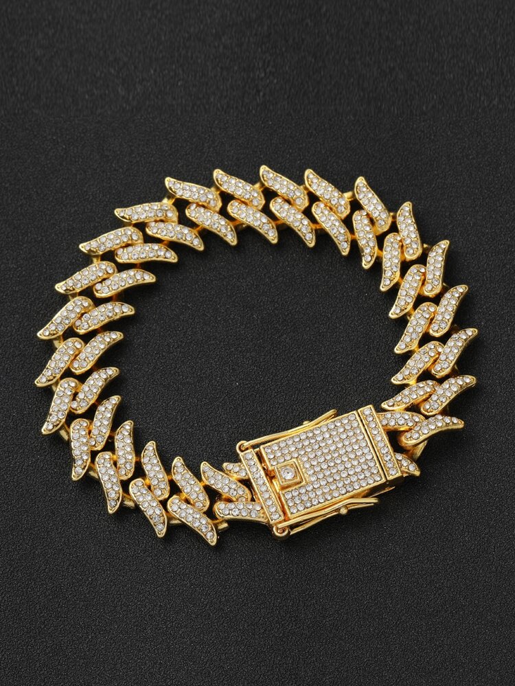 2 piezas/set Hip Hop Color dorado Iced Out pulsera cadena zirconia cúbica conjunto de joyas para Mujeres Hombres para decoración diaria - Amarillo Oro - Añade 6