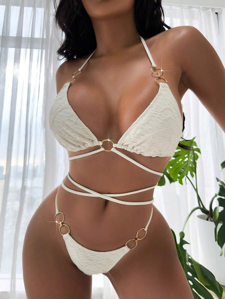 Ring Linked Lace Up Halter Triangle Summer Beach Bikini Set - Beige - View 1