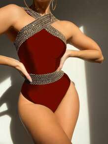 針腳細節十字交叉連體泳衣 - 酒紅色 - 查看 1