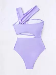 SHEIN Swim 素色腰部鏤空連體泳衣 - 紫丁香色 - 查看 2