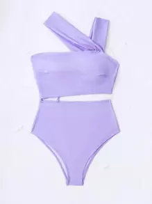 SHEIN Swim 素色腰部鏤空連體泳衣 - 紫丁香色 - 查看 3
