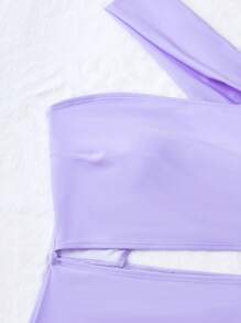 SHEIN Swim 素色腰部鏤空連體泳衣 - 紫丁香色 - 查看 5