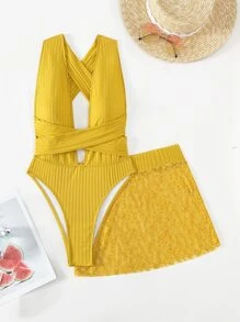 Swim Chiccia Summer Beach Criss Cross One Piece Swimsuit With Beach Skirt