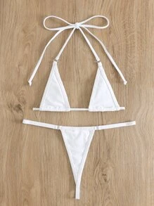 SHEIN Swim Summer Beach Rave Bikini Set Ring Linked Halter Triangle Micro Bra & G-String Bottom 2 Piece Bathing Suit - White - View 4