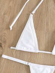 SHEIN Swim Summer Beach Rave Bikini Set Ring Linked Halter Triangle Micro Bra & G-String Bottom 2 Piece Bathing Suit - White - View 6