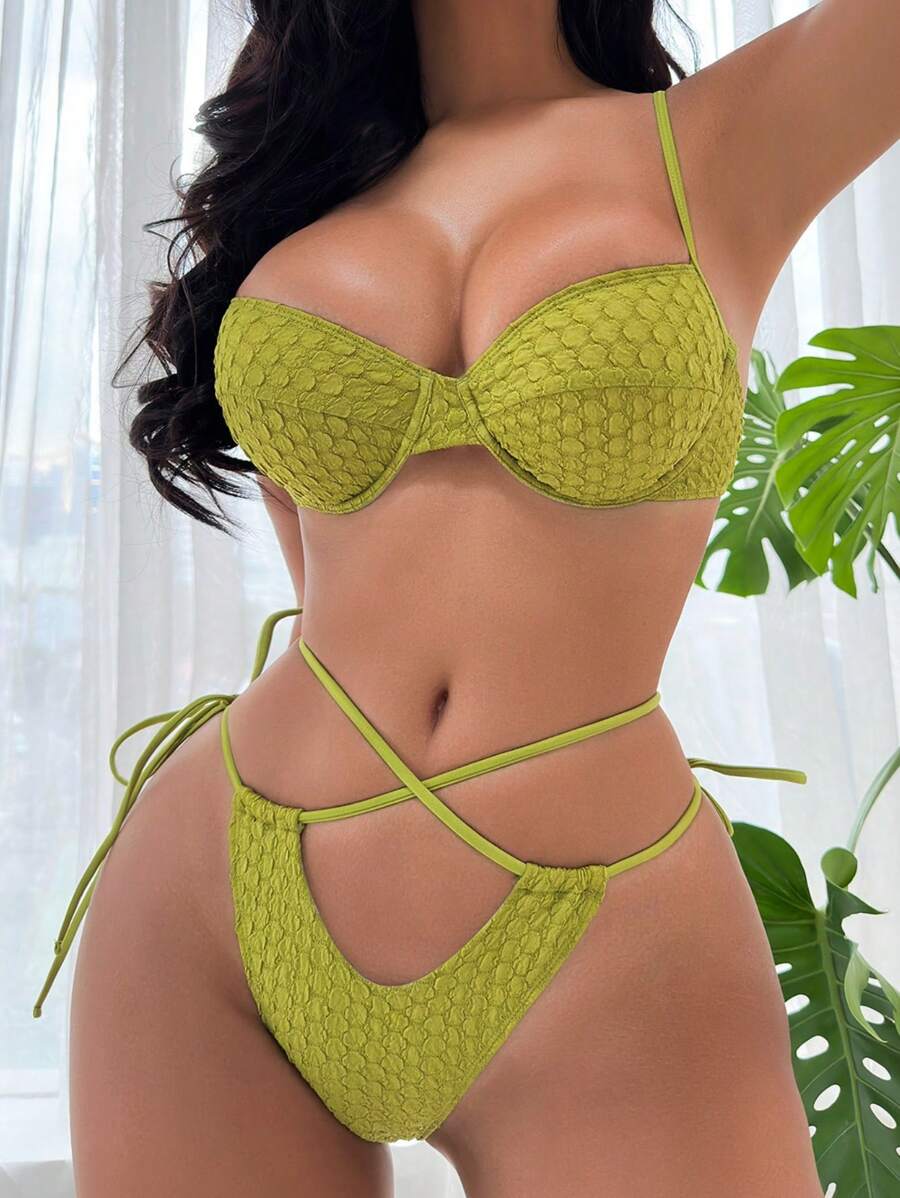 Swim SXY 夏日沙灘鋼圈綁帶式比基尼套裝 - 橄欖綠 - 查看 1