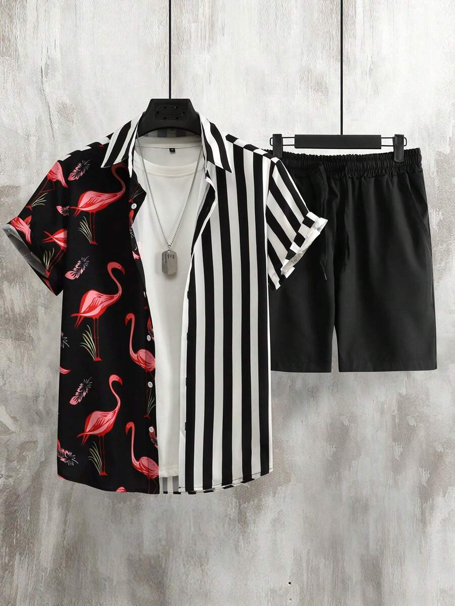 Manfinity RSRT Men Striped & Flamingo Print Shirt & Drawstring Waist Shorts Without Tee - Black - View 1