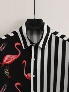 Manfinity RSRT Men Striped & Flamingo Print Shirt & Drawstring Waist Shorts Without Tee - Black - View 3