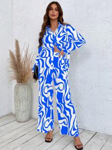 SHEIN VCAY 滿版印花落肩袖襯衫和闊腿褲 - 藍白色 - 查看 1