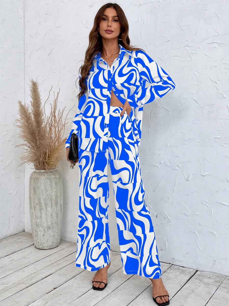 SHEIN VCAY 滿版印花落肩袖襯衫和闊腿褲 - 藍白色 - 查看 1