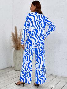 SHEIN VCAY 滿版印花落肩袖襯衫和闊腿褲 - 藍白色 - 查看 2
