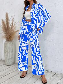 SHEIN VCAY 滿版印花落肩袖襯衫和闊腿褲 - 藍白色 - 查看 3