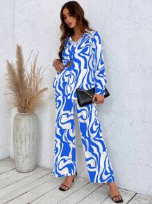 SHEIN VCAY 滿版印花落肩袖襯衫和闊腿褲 - 藍白色 - 查看 4