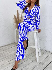 SHEIN VCAY 滿版印花落肩袖襯衫和闊腿褲 - 藍白色 - 查看 6