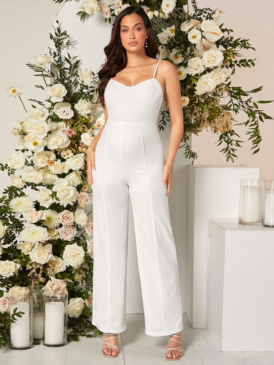 SHEIN Maternidad Mono de tirantes unicolor con encaje - Blanco - Ver 1