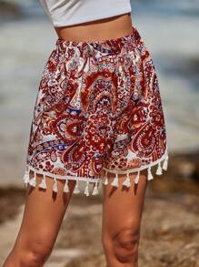 SHEIN VCAY Paisley Print Tassel Trim Shorts - Multicolor - View 1