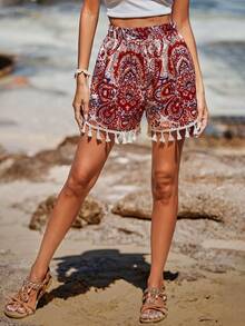 SHEIN VCAY Paisley Print Tassel Trim Shorts - Multicolor - View 4
