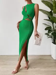 Chiquease Đầm Cắt ra xoắn lại Tách cao màu trơn Giải trí - màu xanh lá - Xem 6