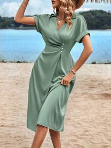 SHEIN Clasi Solid Button Detail Batwing Sleeve Dress - Mint Green - View 1