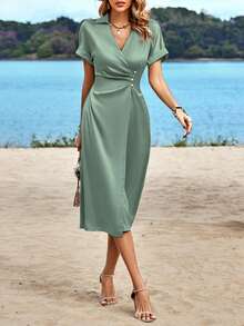 SHEIN Clasi Solid Button Detail Batwing Sleeve Dress - Mint Green - View 4