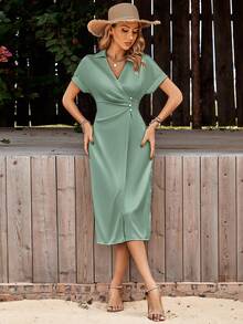 SHEIN Clasi Solid Button Detail Batwing Sleeve Dress - Mint Green - View 5