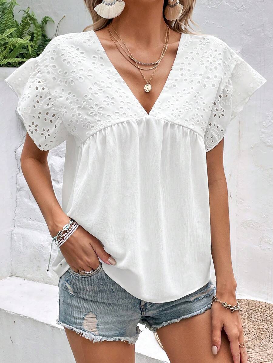 Breezaya Áo sơ mi nữ Xù Tranh thêu màu trơn Boho - trắng - Xem 1