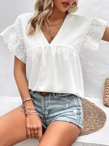 Breezaya Áo sơ mi nữ Xù Tranh thêu màu trơn Boho - trắng - Xem 3