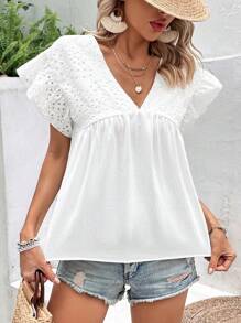 Breezaya Áo sơ mi nữ Xù Tranh thêu màu trơn Boho - trắng - Xem 4