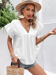Breezaya Áo sơ mi nữ Xù Tranh thêu màu trơn Boho - trắng - Xem 5