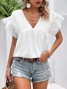 Breezaya Áo sơ mi nữ Xù Tranh thêu màu trơn Boho - trắng - Xem 6