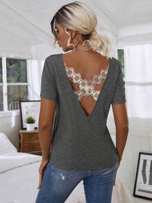 SHEIN LUNE Camiseta con encaje en contraste de espalda con tira cruzada - Gris Oscuro - Ver 2