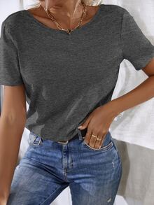 SHEIN LUNE Camiseta con encaje en contraste de espalda con tira cruzada - Gris Oscuro - Ver 3