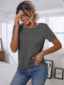 SHEIN LUNE Camiseta con encaje en contraste de espalda con tira cruzada - Gris Oscuro - Ver 4