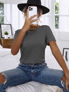 SHEIN LUNE Camiseta con encaje en contraste de espalda con tira cruzada - Gris Oscuro - Ver 5