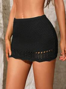 Swim Vcay Summer Beach Hollow Out Scallop Trim Cover Up Skirt - Black - View 2