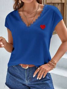 SHEIN Frenchy Heart Embroidery Guipure Lace Trim Batwing Sleeve Tee - Blue - View 3