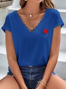 SHEIN Frenchy Heart Embroidery Guipure Lace Trim Batwing Sleeve Tee - Blue - View 5