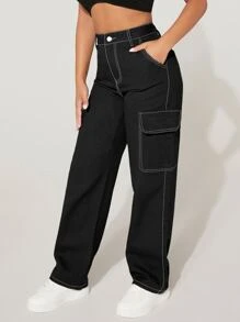 SHEIN PETITE Quần jean nữ Nút Túi Dây kéo màu trơn - màu đen - Xem 4