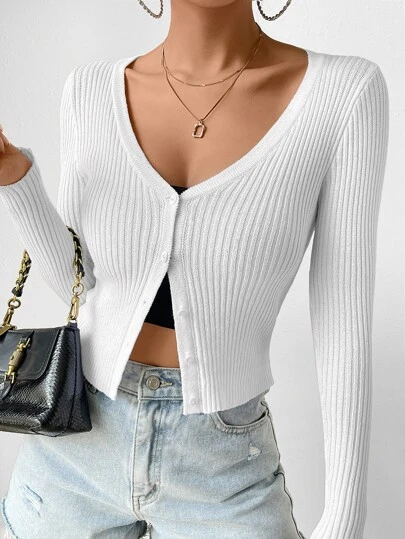 EMERY ROSE Women's Slim Fit Solid Color V-Neck Button Front Long Sleeve Cardigan