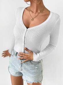 EMERY ROSE Women's Slim Fit Solid Color V-Neck Button Front Long Sleeve Cardigan - White - View 7