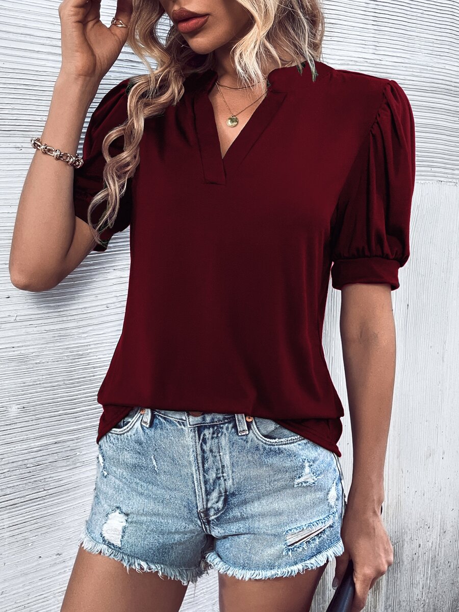 SHEIN LUNE Notched Neckline Puff Sleeve Tee - Burgundy - View 1