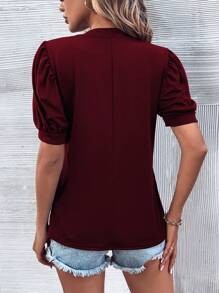 SHEIN LUNE Notched Neckline Puff Sleeve Tee - Burgundy - View 2